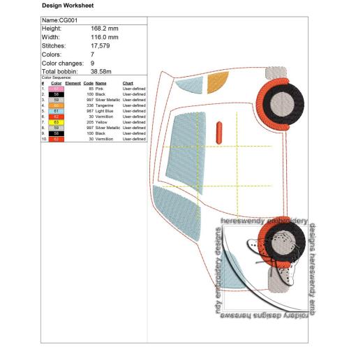CG001-car tic-tac-toe game ITH embroidery design colour guide