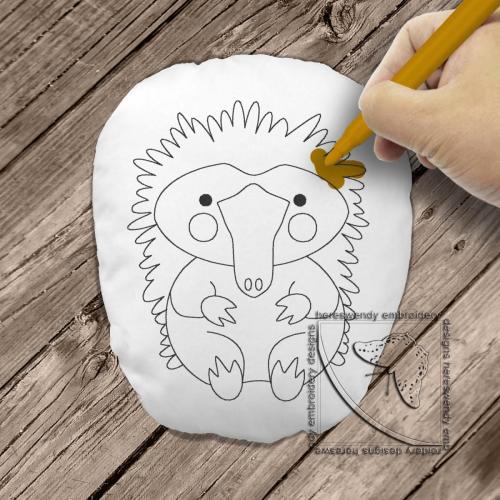 Cute echidna colouring stuffie ITH machine embroidery design with child's hand colouring it in