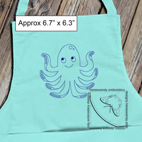 Happy Octopus Vintage Style ITH machine embroidery design with label saying approximately 6.7" x 6.3"