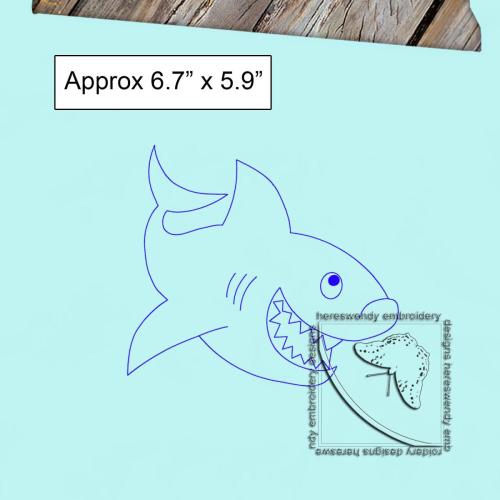 Smiling shark Vintage Style ITH machine embroidery design with label saying approximately 6.7" x 6.9"