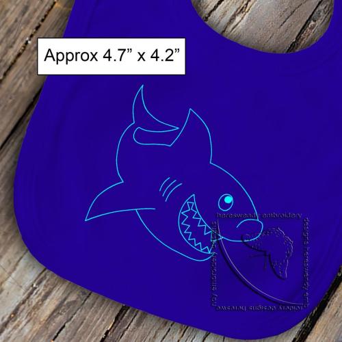 Smiling shark Vintage Style ITH machine embroidery design with label saying approximately 4.7" x 4.2"