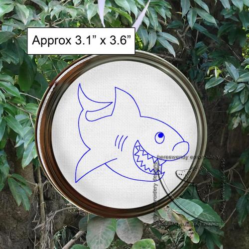 Smiling shark Vintage Style ITH machine embroidery design with label saying approximately 3.1" x 3.6"